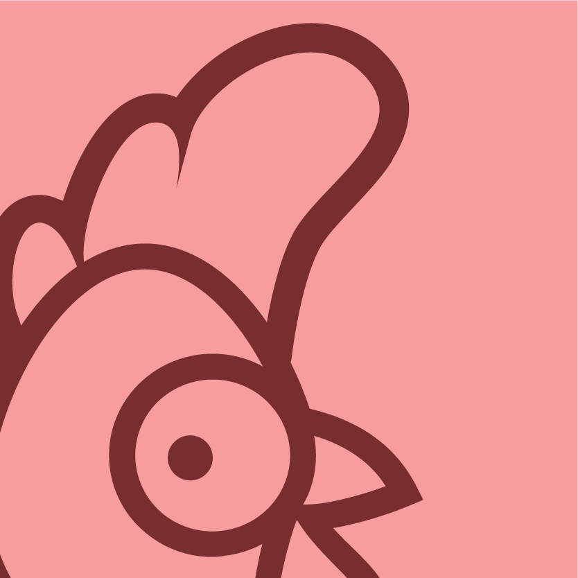 Stewart's head outlined in Alert Coral Dark on a light coral field